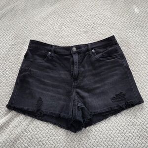 Mid-Rise Black Distressed Denim Shorts